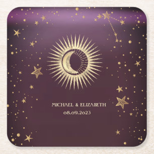 Porta-copo De Papel Quadrado Sol Dourado Celestial E Estrelas da Lua Borgonha