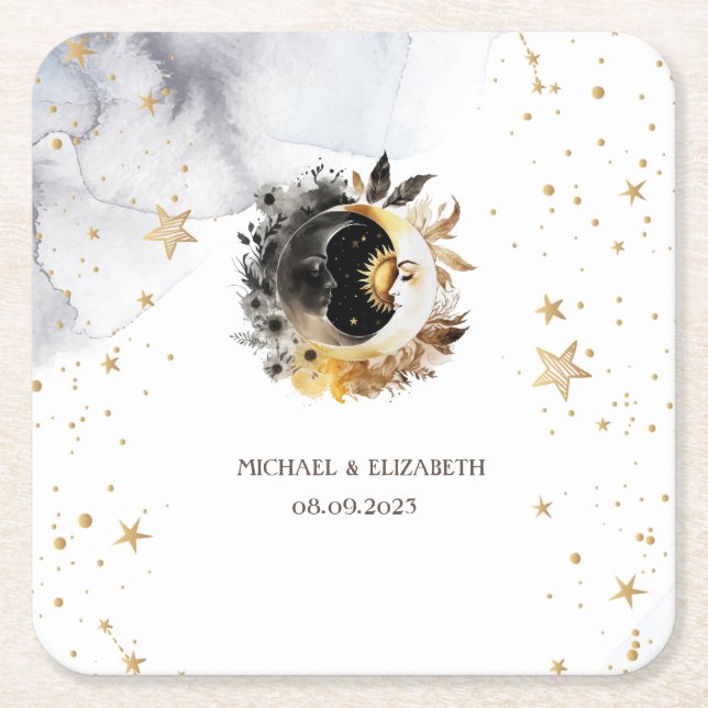 Porta-copo De Papel Quadrado Sol Dourado Celestial,Lua,Flores de Estrelas (Frente)