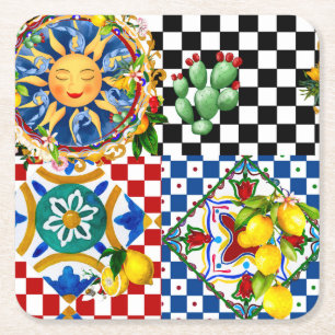 Porta-copo De Papel Quadrado Sol siciliano,limão,azulejos mediterrâneos