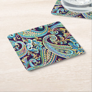 Porta-copo De Papel Quadrado Sonho Azul e Amarelo Vintage Paisley