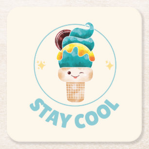 Porta-copo De Papel Quadrado Sorvete em Cone de Aquarela Stay Cool Pastel