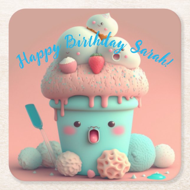 Porta-copo De Papel Quadrado Sorvete Kawaii (Frente)