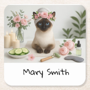 Porta-copo De Papel Quadrado Spa Cat Birthday temido com flores