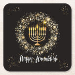 Porta-copo De Papel Quadrado Sparkle Menorah Hanukkah<br><div class="desc">Design de Hanukkah com uma menorah dourada e brilhos de prata e ouro em fundo preto.</div>