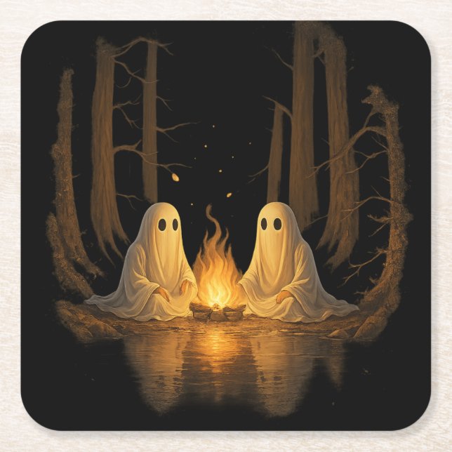 Porta-copo De Papel Quadrado Spooky Ghost Campfire Night Forest Art - Halloween (Frente)