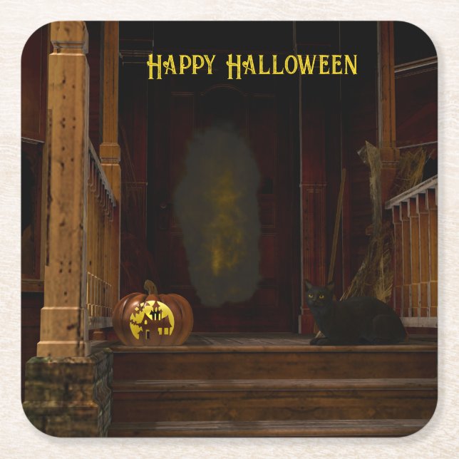 Porta-copo De Papel Quadrado Spooky Haunted House Porch (Frente)