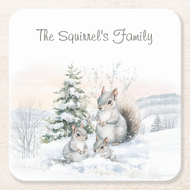 Porta-copo De Papel Quadrado Squirrels in Winter Snow  (Frente)