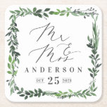 Porta-copo De Papel Quadrado Sr. & Sra. Leafy Watercolor elegante<br><div class="desc">Vintage rústica com cor d'água,  portas copos de casamento com moldura. Moldura geométrica com decoração de folhagem com cor de água. Parte de uma coleção.</div>