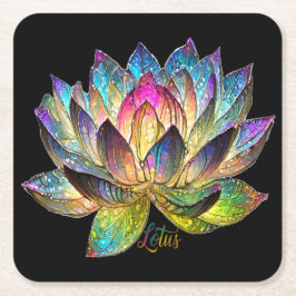 Porta-copo De Papel Quadrado Stained Glass Colorful Lotus Flower on Black