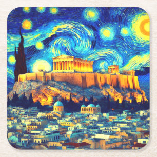Porta-copo De Papel Quadrado Starry Night Acropolis Athens Grécia