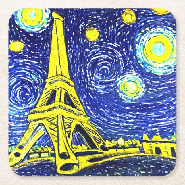 Porta-copo De Papel Quadrado Starry Night Paris França (Frente)