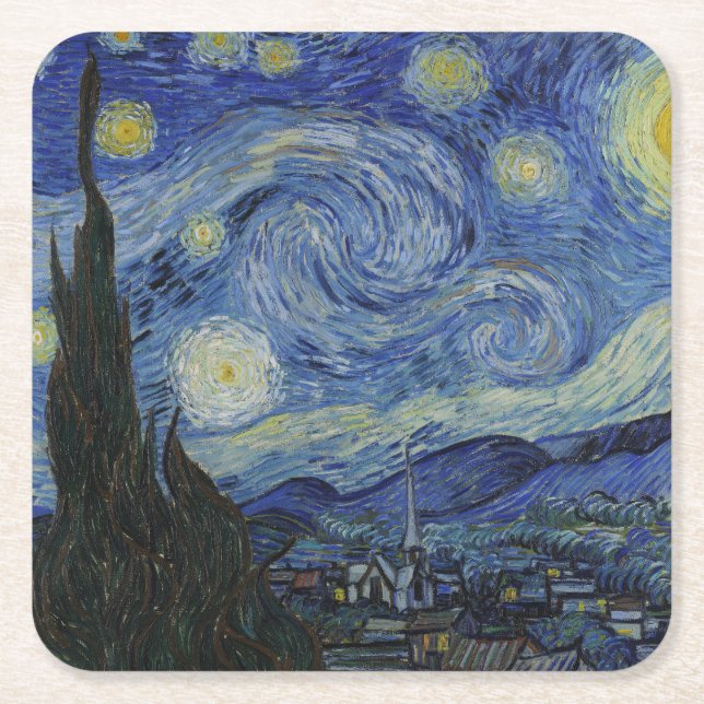 Porta-copo De Papel Quadrado "Starry Night" por Van Gogh (Frente)