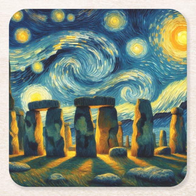 Porta-copo De Papel Quadrado Starry Night Stonehenge (Frente)
