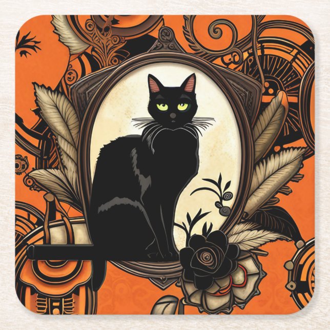 Porta-copo De Papel Quadrado Steampunk Black Cat Halloween (Frente)