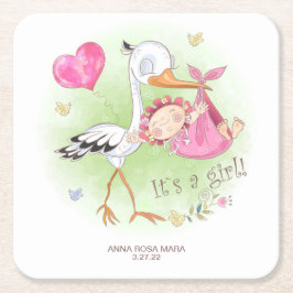 Porta-copo De Papel Quadrado *~* Stork Baby Girl Heart Flowers Chá de fraldas
