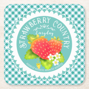 Porta-copo De Papel Quadrado Strawberry Doily Teal Gingham