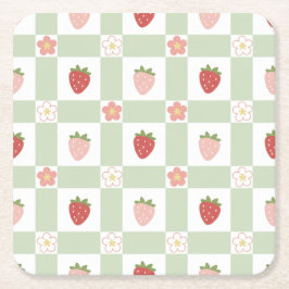 Porta-copo De Papel Quadrado Strawberry Gingham Pastel Green Party