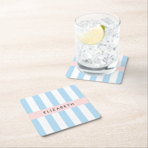 Porta-copo De Papel Quadrado Stripes Azuis, Padrão Striped, Linhas, Seu Nome