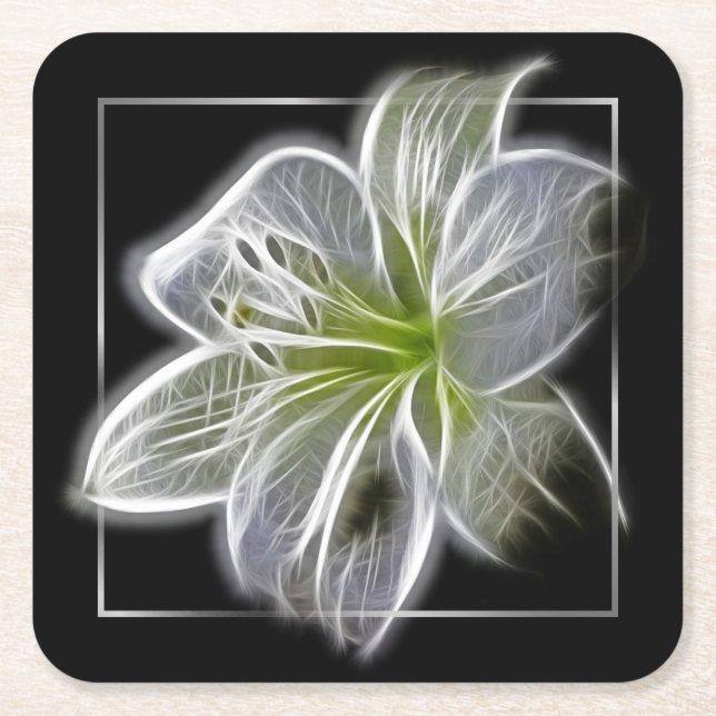 Porta-copo De Papel Quadrado Stunning White Lily Fractal Art Black (Frente)