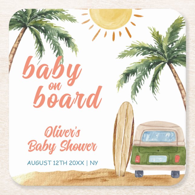 Porta-copo De Papel Quadrado Summer Boho Surf Beach Chá de fraldas (Frente)