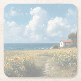 Porta-copo De Papel Quadrado Sunflower Field Path to the Sea | Acrylic