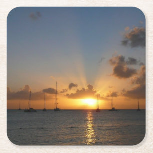 Porta-copo De Papel Quadrado Sunset com Imagem de Paisagem Tropical de Barcos d