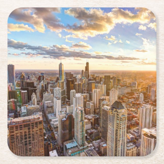 Porta-copo De Papel Quadrado Sunset Over Chicago (Frente)