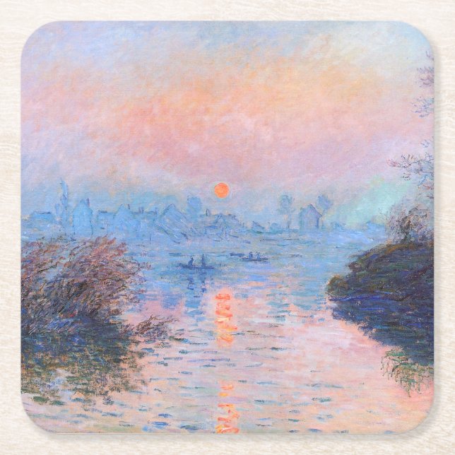 Porta-copo De Papel Quadrado Sunset sobre o Seine Claude Monet (Frente)