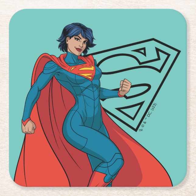 Porta-copo De Papel Quadrado Supergirl Hovering in Blue Suit (Frente)