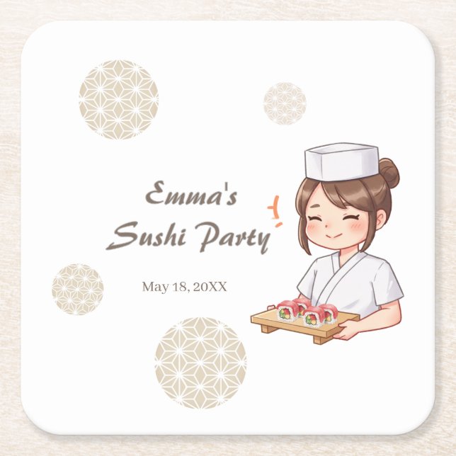 Porta-copo De Papel Quadrado Sushi Birthday Party Invitation with Cute Anime  (Frente)