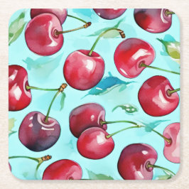 Porta-copo De Papel Quadrado Sweet cherries colorful watercolor cherry art 