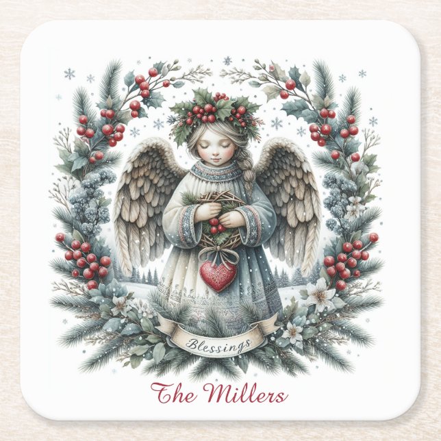 Porta-copo De Papel Quadrado Sweet Christmas Angel Personalize Name Set of 6  (Frente)