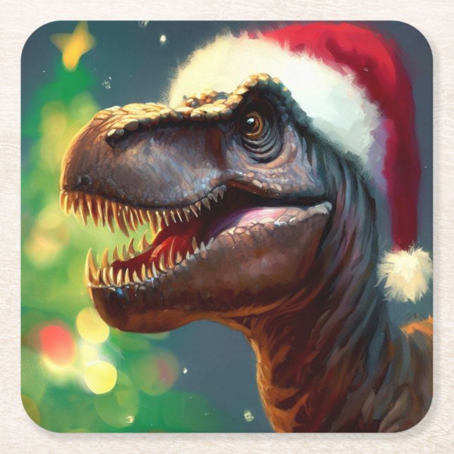 Porta-copo De Papel Quadrado T-Rex Natal 2 (Frente)