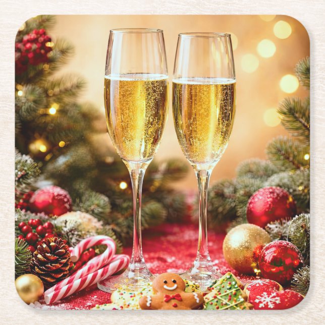 Porta-copo De Papel Quadrado Taças de champanhe alegres com tema de Natal (Frente)