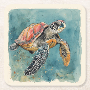 Porta-copo De Papel Quadrado Tartaruga Marinha Aquarela