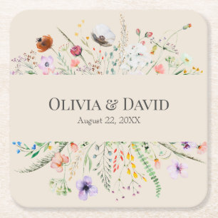 Porta-copo De Papel Quadrado Taupe Wildflower Meadow Wedding