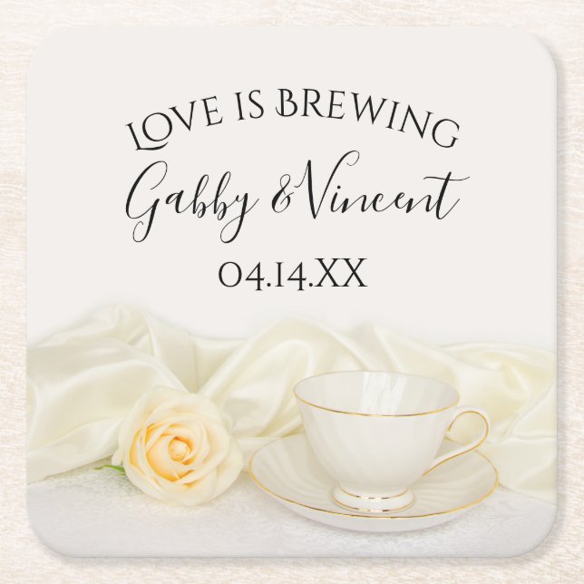 Porta-copo De Papel Quadrado Tea Cup e White Rose Wedding Love (Frente)