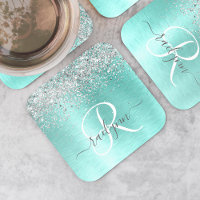 Teal Brugado Metal Silver Glitter Nome Monograma