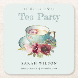 Porta-copo De Papel Quadrado Teal Dourado Floral Teacup Chá de panela Tea Party