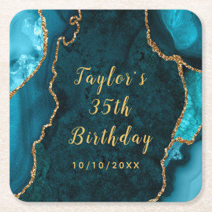 Porta-copo De Papel Quadrado Teal e Dourada Agate Marble Birthday