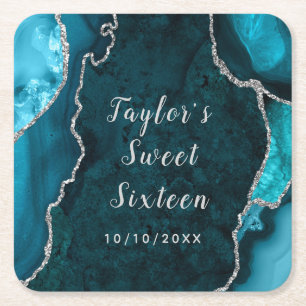Porta-copo De Papel Quadrado Teal e Prata Marble Sweet Sessenta