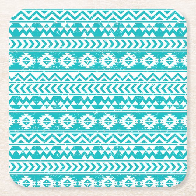 Porta-copo De Papel Quadrado Teal Grunge Aztec Padrão Tribal (Frente)