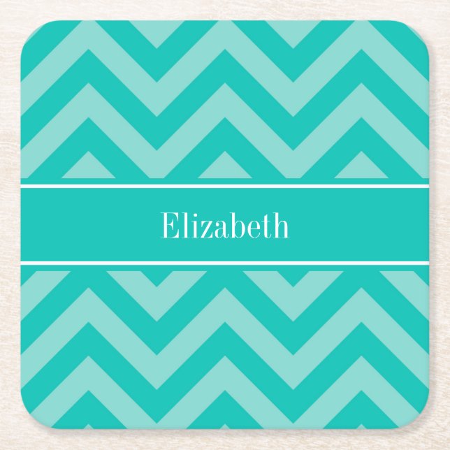 Porta-copo De Papel Quadrado Teal Turquoise LG Chevron Nome Teal Monograma (Frente)