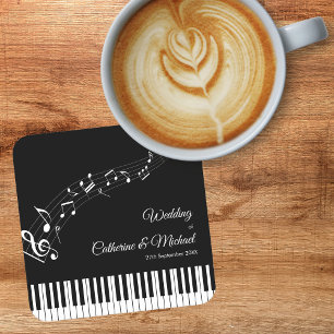Porta-copo De Papel Quadrado Teclas de Piano Notas Musicais Casamento Preto e B