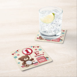 Porta-copo De Papel Quadrado Teddy Bear Picnic Feliz primeiro aniversario de pa