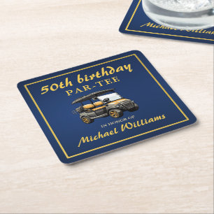 Porta-copo De Papel Quadrado Tema de Golfe Elegante Carrinho Azul Dourado 50º A