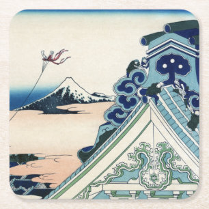 Porta-copo De Papel Quadrado Templo Honganji Vista do Monte Fuji Xilogravura Ja