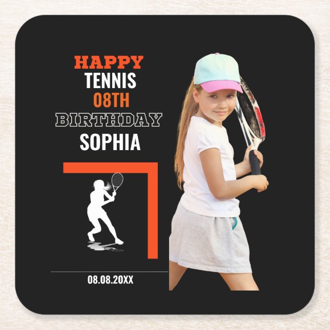 Porta-copo De Papel Quadrado Tennis Birthday, Tennis Girl Player Backdrops (Frente)