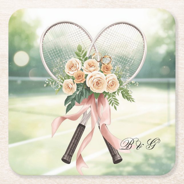 Porta-copo De Papel Quadrado Tennis Wedding Racket with Flowers Bride & Groom  (Frente)