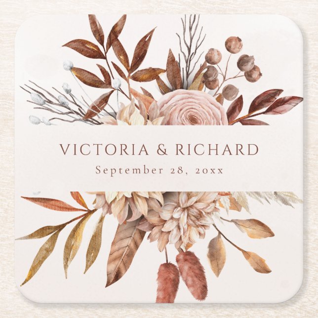 Porta-copo De Papel Quadrado Terracotta Ferrugem Flores Boho Folhagem de Outono (Frente)
